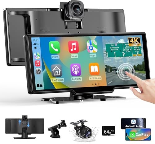 Alpinetech 10,26 Zoll Carplay Display & Android Auto Display, Car Play mit 4K Dashcam 1080P Rückfahrkamera IPS Touchscreen Bluetooth Mirror Link FM AUX Siri Assistant 64G TF
