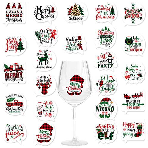 JarThenaAMCS 120Pcs Christmas Wine Glass Drink Markers Xmas Buffalo Plaids Static Cling Stickers Removable Wine Bottle Tags for Champagne Cocktail Party Supplies, 24 Styles