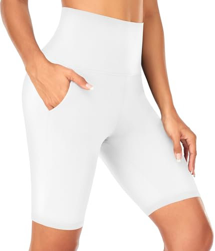 FuelMeFoot Radlerhose Damen mit Taschen High Waist Shorts Sporthose Kurze Blickdicht Sommer für Biker Gym Fitness Joggen Pilates. 02-Weiß L/XL