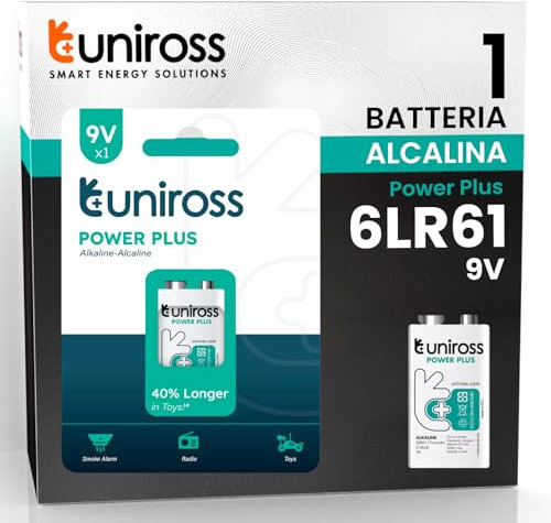 Uniross Pila Alcalina Transistor E-Block L6LR61 Power Plus da 9V Lunga Durata per Sensori di fumo e Dispositivi Elettronici - Blister da 1 Batteria