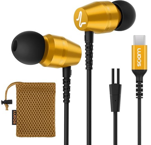 Ludos OMNITONE Auriculares USB C con Micrófono, Garantía de 5 años, Auriculares Tipo C con Cable para iPhone 16 15 Pro MAX Plus Samsung Galaxy S24 S23 S22 Ultra S21 FE S20 A53 A54, iPad Pro - Dorado