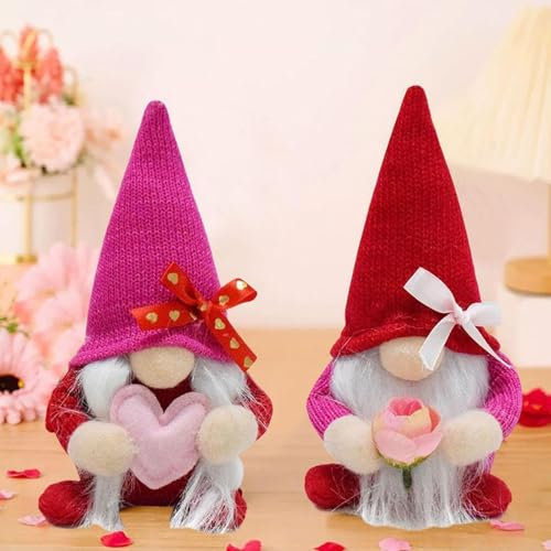 Valentines Zwerge, 2 Stück Valentinstag Deko Wichtel, Handgemachte Valentines Zwerge Plüsch Dekorationen, Plüsch Wichtel Figuren, Valentinstag Puppe GNOME, Geschenk Plüsch Mit Rose Herz-Muster