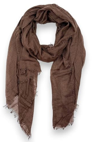 Ziona Sommerschal Damen dünn, Uni Crinkle Look aus Viskose – Weiches Tuch mit Fransen – Halstuch, Stola, Pareo oder Kopftuch – Atmungsaktiv & luftig – Ideal für Reisen, Strand & Alltag (Braun)