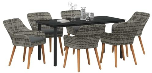 vidaXL Garten Essgruppe mit Kissen 7 pcs Grau Poly-Rattan, Stylisches Garten- und Terrassenset, Moderne UV-beständige Materialien, Tisch und Stühle für Essen im Freien