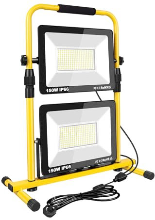 PICAA Projecteur LED 300W 30000LM Portable, Lumière de Chantier IP66 Étanche avec H Support Télescopique en Métal pour Atelier, Garage, Construction, Sous-Sol 6000K avec Interrupteur&prise UE