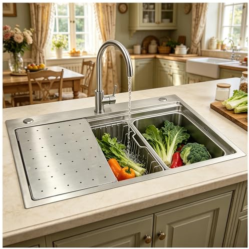Fregadero Grande de Cocina 60x50cm, Acero Inoxidable 304 Cepillado, 1 Seno, con Tabla Cortar Inox, Escurridor, Rejilla y Kit Desagüe Completo, para Bajoencimera o Sobremesa