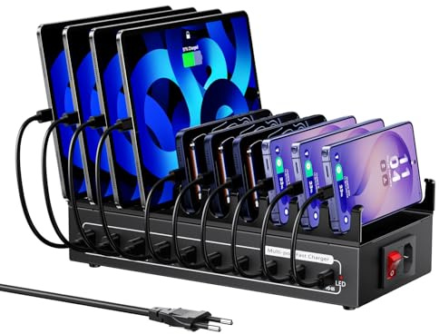 USB C Ladegerät Mehrfach, USB Ladestation für mehrfach Geräte, Gesamtleistung 200W 10-Ports【5USBA&5USBC】 Ladestation, Kompatibel mit iPhone 11/12/13/14/15/16/XS/XR/8/Handys/Tablets