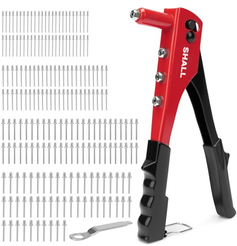 SHALL 4-in-1 Rivet Gun Set, Heavy Duty Hand Riveter with 200 Rivets,4 Sizes (2.4mm, 3.2mm, 4.0mm, 4.8mm), for Automotive, Leather, Plastic,Furniture, Metal