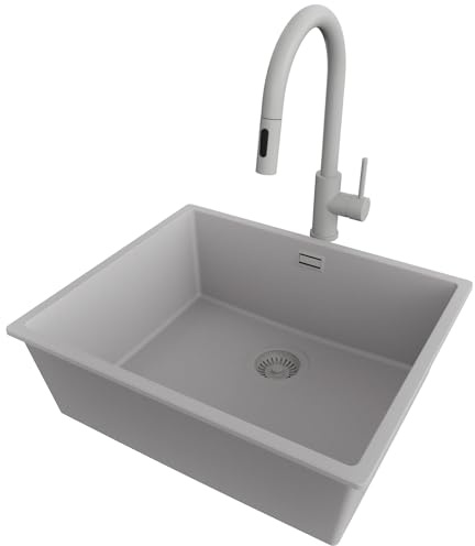 PRIMAGRAN Unterbauspüle ab 60er Unterschrank + Küchenarmatur, 56x47cm | Set: Küchenarmatur BW9010 + Ablauf-Set (Siphon, Ablaufgarnitur, Überlauf) + Spülbecken 1 Becken - London, Alles Grau