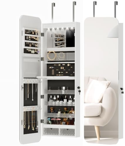 HOMCOM Armadietto Portagioie con Specchio Interno e Luci LED Alto 120cm | Specchio Portagioie Salvaspazio da Parete o Porta, Cassetti, Serratura e Chiave, Ripiano Ribaltabile, Tasca con Zip