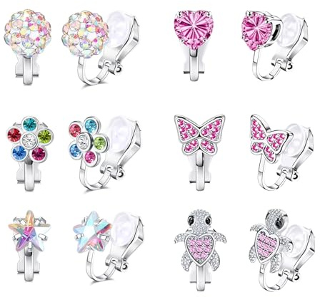 Uwiyo Ohrclips Kinder Mädchen, Hypoallergene Clip Ohrringe Ohne Ohrloch Klipp Ohrringe Schmetterling Blume Regenbogen Herz Stern Ohne Ohrlöcher Ohrring Kinder Schmuck für Mädchen