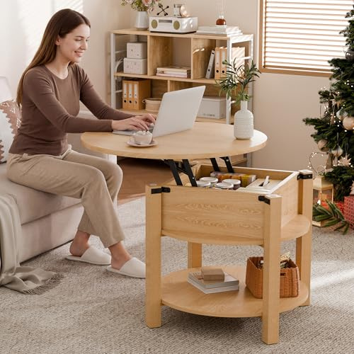 ELUCHANG Couchtisch Rund mit Hebeplatte, Couchtisch Höhenverstellbarer 2 in 1, Beistelltisch Wohnzimmertisch mit Verstecktem Ablagefach Stauraum, Offenem Fach, für Wohnzimmer/Büro, 60x60cm, Eiche