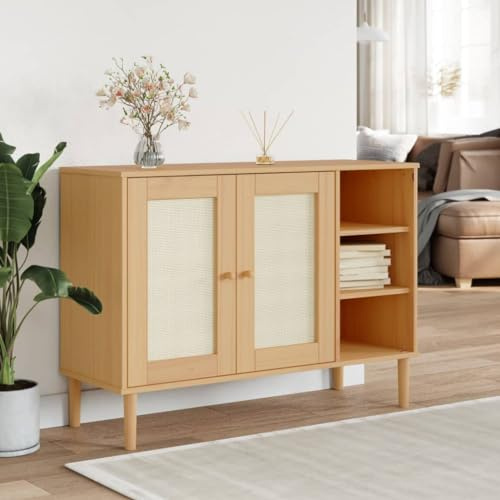 RCODSSK Sideboard SENJA mit Rattan-Optik in Braun aus Kiefernholz, Beistellschrank mit 2 Türen und 5 Fächern, Kommode im Wiener Geflecht Design