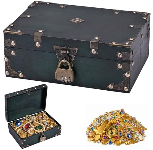 24x17x10cm Vintage Schatztruhe Box Holz Schatzkiste mit Schloss Schatzbox | für Kinder Piratentruhe Kindergeburtstag Piratenkiste Piraten Holztruhe Holzkiste fürSchatzsuche Schmuckkästchen Holzkästchen