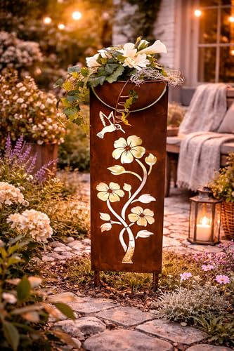 KAMACA Metall Säule mit Schale in Rostoptik 87,5 x 21,5 cm – Gartenstecker mit Pflanzschale, Vintage Gartendeko für Beet, Terrasse, Balkon & Eingangsbereich – wetterfeste Dekosäule für außen