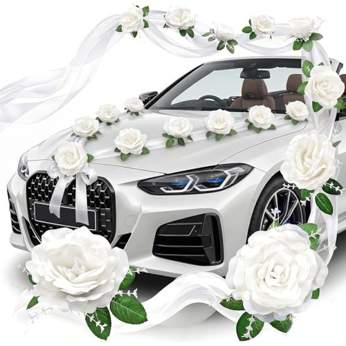 Auto Hochzeitsschmuck 9 WeißRosen und 50 Autoschleifen, Autoschmuck Hochzeit Bändern Länge 180 cm x 2, Autoschleifen Hochzeit Autoschmuck, für Hochzeitsfeiern, Partys und DIY Hochzeitsdeko Auto