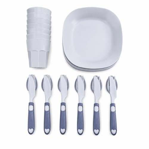 Terryshop74® Set Picnic 30 Pezzi con Box Portatile – 6 Piatti Semipiani, 6 Bicchieri 230 ml, 6 Coltelli, 6 Forchette, 6 Cucchiai e Custodie Posate – Set Campeggio e Mare – (Indaco)