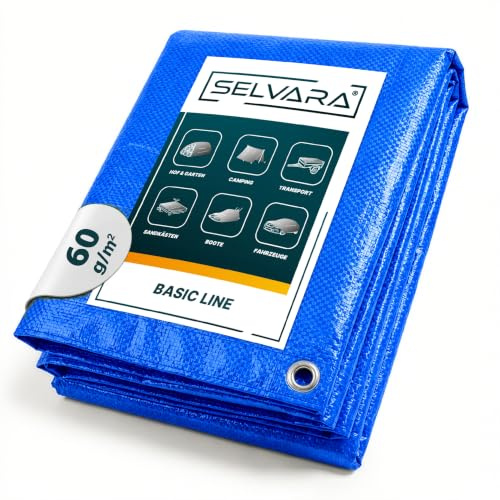 Selvara Abdeckplane 60g/m² Plane mit Ösen Wasserdicht 1,5x10m Blau 15 m² | Gewebeplane Basic Line, Schutzplane für Gartenmöbel, Holz, Pool, Auto, reißfeste Planen, UV-stabilisiert, 3-150m²