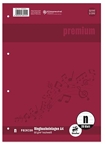 Staufen Premium Ringbucheinlagen - DIN A4, Lineatur N (Noten), 20 Blatt, 4-fach Lochung, 90g/m² Premium Papier, 1 Stück