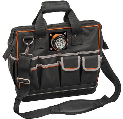 Tool Bag with Padded Shoulder Strap and Handles Has Lighted Tool Storage with 31 Pockets Klein Tools 55431,Black,16.4 Inch
