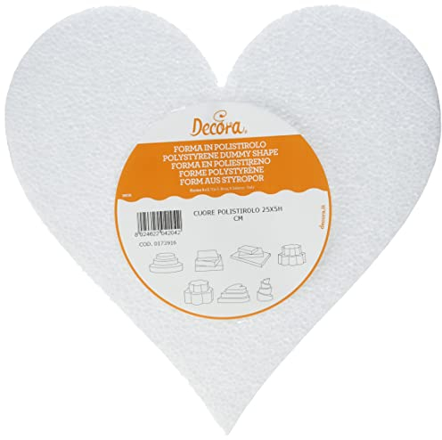Decora, 0173916 Herzförmiger Styropor-Dummy einzeln verpackt, Ideal als Unterlage für gestapelte Kuchen, Gerade Kanten, 25 X H 5 cm.