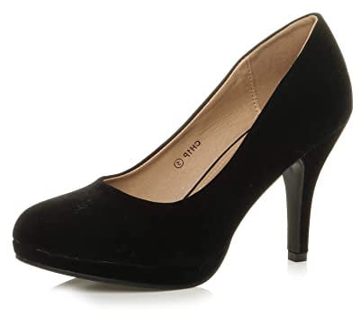 Ajvani Womens Ladies mid high Heel Mary Jane Strap Evening Court Shoes Pumps , Black Suede, 4 UK