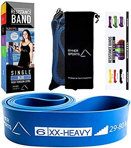 Ryher unterstützendes Klimmzugband - Dehnbares Widerstandsband – für Fitness, zum Klimmzüge Machen, tragbares Band für den Kraftdreikampf + eBook und Tragebeutel (EINZELNES: #6 Blau)