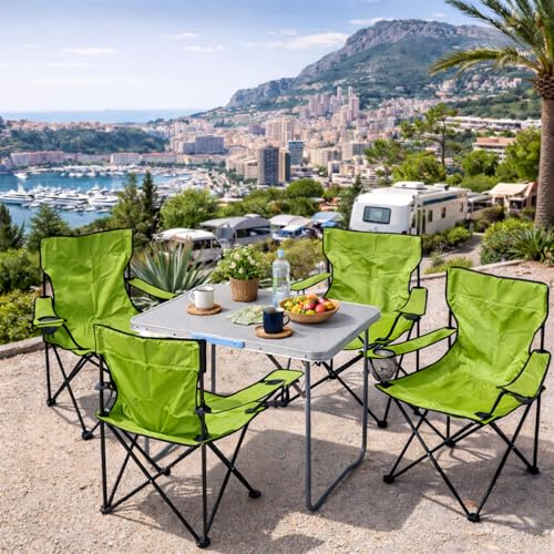 Mojawo 5tlg. Campingmöbel Set Alu 80x60x68cm 1x XL Campingtisch mit Tragegriff + 4 Anglerstühle, Faltstühle Campingstühle limegrün