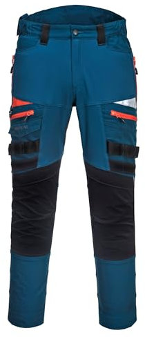 Portwest DX449 Mens Slim Fit Work Trousers - Durable Construction Work Hi Vis Cargo Trousers with Stretch Fabric and Knee Pad Pockets Metro Blue, 38