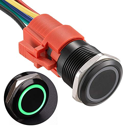 APIELE 19MM Verriegelung Druckschalter 12VDC 5A, Aluminiumlegierung mit LED Ringbeleuchtung wasserdicht Latch Drucktastenschalter, Auto RV LKW Boot EIN/AUS Taste Schalter (Grün)