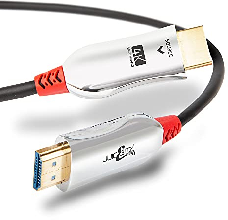 JuicEBitz 4K HDMI Cable 9m, Fibre Optic AOC Ultra HD High Speed 4k/60fps 1080p/120fps/144fps 18Gbps v2.0 24k Gold Slim v2.0 Long Lead, Compatible with Game Console, CCTV, Laptop/PC, Sky.. [9M Long]
