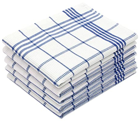 ZOLLNER 5er Set Geschirrtücher mit Waffelmuster - Baumwolle in 50x70 cm - saugstarke und langlebige Küchentücher - waschbar bis 60°C – in weiß-blau kariert - Oeko Tex® Zertifiziert