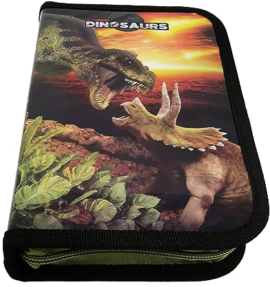 Theonoi Kinder Federmäppchen Federtasche Federmappe Mäppchen Etui 2 Fach Doppeldecker Schüleretui Stifteetui gefüllt Federpenal Schulzubehör Einschulung Dinosaurier (Dino)