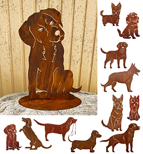 Gartenfigur Hund sitzend groß 55x39cm auf Platte Edelrost Gartendeko Wetterfest Rost Metall Rostfigur Hund Tier von Steinfigurenwelt