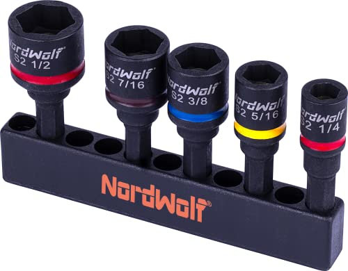 NordWolf 5-Piece SAE Nut Driver Set, S2 Steel Impact Magnetic 2 Nut Setters, Imperial Sizes 1/4-5/16-3/8-7/16-1/2