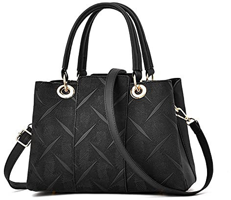 FANDARE Elegante Umhängetaschen Damen Schultertasche Dimensional Carving-Muster PU Leder Wasserdicht Büro Reisen Henkeltaschen Schwarz