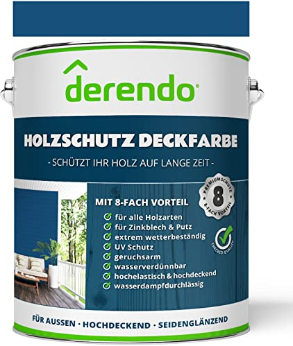 derendo Holzfarbe blau Holzfarbe außen wetterfest Wetterschutzfarbe Langzeitschutz 2,5L RAL 5010 seidenglänzend Holzlack enzianblau Außenbereich Holzschutzlasur hohe Deckkraft