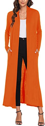 Bluetime Cardigan da donna lungo fino al pavimento, aperto sul davanti, leggero, a maniche lunghe, maxi spolverino con tasche (S-3XL), Arancione, M