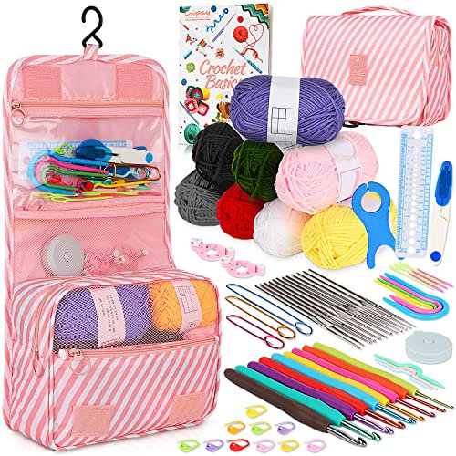 Coopay Häkelset, verbessertes hängendes Häkelset mit Etui und Garn zum Häkeln, Handelsketten für Anfänger Häkelnadelset mit Häkelbuch*, Häkelnadeln, Strick- und Häkelzubehör, 63-teilig