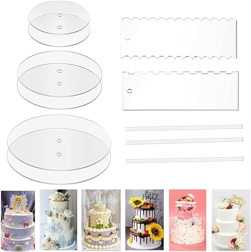 Fayrimi 11PCS Acryl Runde Kuchen Platten Set - 6 Kuchen Scheiben Kreis Basis Bretter mit Mittel Loch - 2 Kamm Schaber (4 Muster) & 3 DüBel Stange