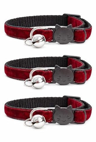 Velvet Cat Collars with Bell. Safe Breakaway Quick Release Buckle. Available in Cat & Kitten Size (Pack of 3) (Cat Collar (20cm - 30cm), Maroon Red Velvet (Pack of 3))
