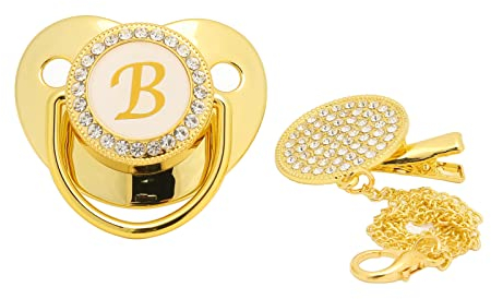 Goldener ultraleichter Silikon-Schnuller 0–6 Monate,Baby-Schnuller, weicher Baby-Schnuller, Gebogenes Design 26-Buchstaben-Schnuller mit Clips Goldener Baby-Schnuller für 6 bis 18 Monate Baby(B)