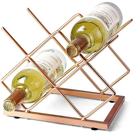 Drincarier Weinregal für 5 Flaschen, freistehend, rotgoldenes Metall, kleines Weinregal, Tisch-Weinhalter für Schrank, Speisekammer, Weinflaschenaufbewahrung