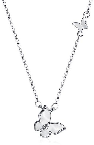 HESHS Sterling Silver Butterfly Necklace Plating Rose Gold Butterfly Pendant Necklaces Mother of Pearl Shell Pendant Clavicle Chain Birthday Festival Gifts for Her,Silver