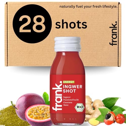 Frank Juice Bio Ingwer Shots Energy 28 x 60 ml, Vegan & in Glasflaschen | Mit Guarana, Mate und Passionsfrucht | ohne Farb-, Süß- oder Konservierungsstoffe | nachhaltiges Premiumprodukt