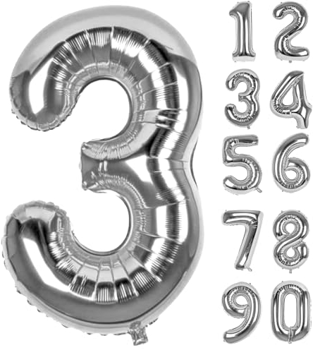 Zahlen Luftballons Geburtstag 3 Silber, Folienballon Riesen 82cm Helium Ballons Zahl Luftballon Zahlenluftballons Geburtstagsdeko Für Mädchen Junge Kindergeburtstag Babyparty Jubiläum Party Deko