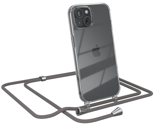 EAZY CASE Handykette kompatibel mit iPhone 15 Handyhülle mit Umhängeband, Handykordel mit Schutzhülle, Silikonhülle, Hülle mit Band, Stylische Kette für Smartphones, Anthrazit