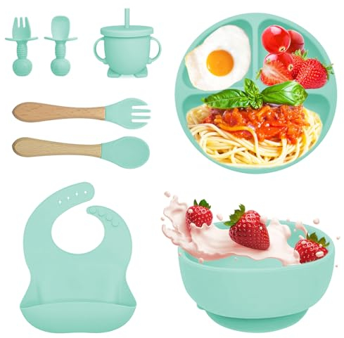 Bizcasa Vajilla Bebe Silicona, 8 Piezas Vajilla de Silicona para Bebés Antideslizante, Con Plato Cuenco Babero Taza, Vajilla de aprendizaje para comer destete, Sin BPA (Verde 2)
