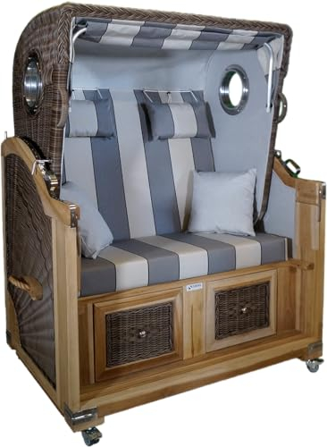 Strandkorb Teak grau schwarz/cremeweiß Stoff 2 Sitzer Voll-Liegemodell