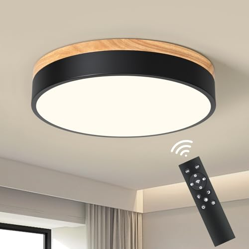 Qamra LED Deckenlampe, Deckenleuchte Dimmar 30 cm, 24W Holz Schwarz Lampe mit Fernbedienung, Runde Lampe für Schlafzimmer Wohnzimmer Küche Esszimmer Flur 3000K-6000K